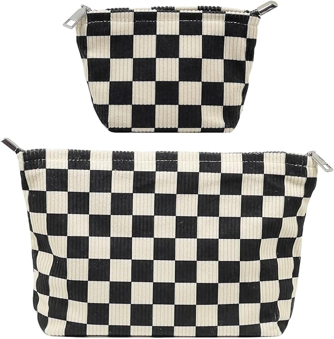 fahombag 2 Pcs Checkered Makeup Bag Set Corduroy Cosmetic Pouch for Women Large & Small Cute Preppy Aesthetic Black And White Travel Toiletry Pouch Organizer for Purse Skincare Brushes
