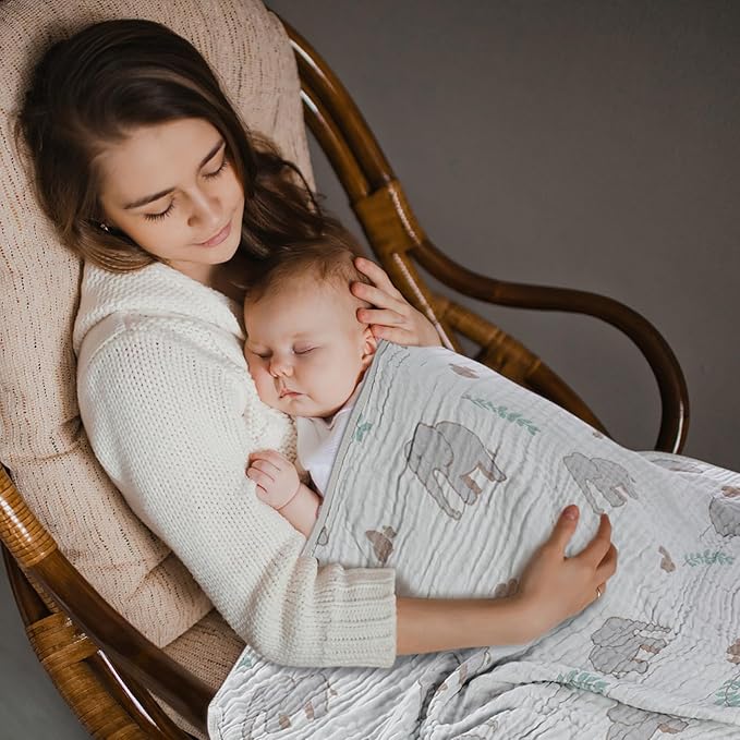 HardNok Ultra Soft Muslin Baby Blanket, A Versatile Swaddle and Bed Blanket for Babies, Toddlers, Boys, and Girls (Forest Elephant 1 Pack).