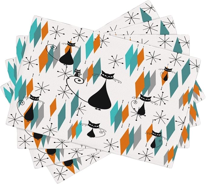 Mid Century Placemats, Modern Minimalist Art Abstract Geometric Atomic Star Explosion Black Cat Print Washable Fabric Placemats Table Kitchen Dining Party 12x18 Inch Set of 4