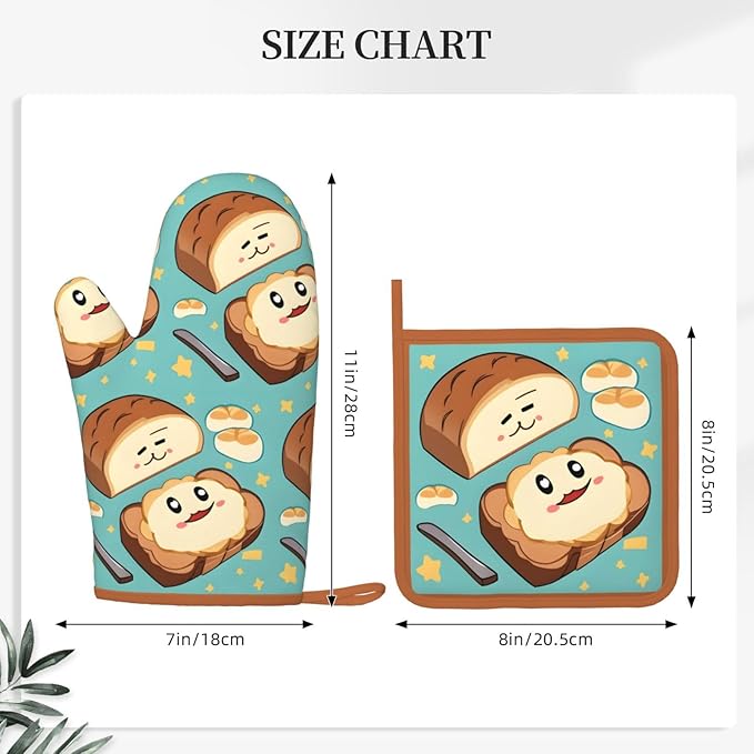 Oven Mitts and Potholders Cute Cartoon Bread Silicone Glove Heat Resistant, Kitchen Gloves for Cooking, 2-Piece Set