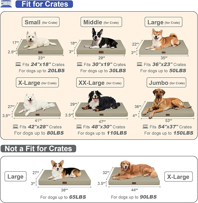 Tail Stories Outdoor Dog Bed for Medium Dogs, Waterproof Dog Crate Mat Orthopedic Egg Crate Foam Pet Bed with Washable Removable Oxford Cover, Khaki