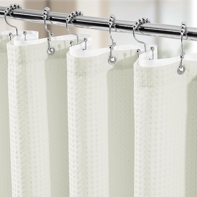Vipfree 3 in 1 Shower Curtain Set, Waffle Shower Curtain and Liner Set with 12 Double Sided Shower Curtain Hooks, 258GSM Luxury Weighted Cloth Shower Curtains for Bathroom, 72 W x 84 H, Cream