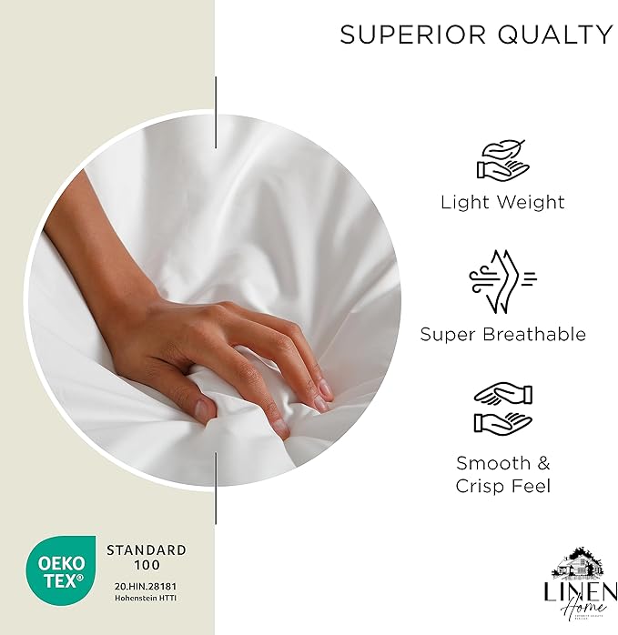 Linen Home 100% Cotton Percale Sheets Queen Size, Cream, Deep Pocket, 4 Pieces Set - 1 Flat, 1 Deep Pocket Fitted Sheet and 2 Pillowcases, Crisp Cool and Strong Bed Linen