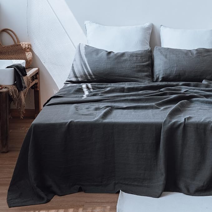 Simple&Opulence Washed Linen Bed Sheet Set Basic Style 4 Pieces (1 Flat Sheet & 1 Fitted Sheet & 2 Pillowcases) 100% Natural French Flax Soft Breathable Farmhouse Bedding (King, Dark Grey)