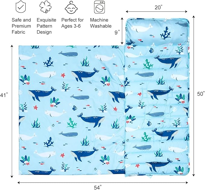 david's kids Toddler Nap Mat Set with Removable Pillow, Ultra Soft Slumber Bags for Boys Girls，Perfect for Preschool, Daycare, Kids Sleeping Bags with Rollup Design, 50"x20", Ocean Animals Light Blue