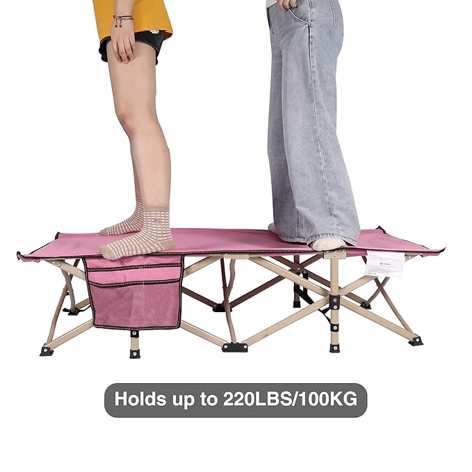 REDCAMP Extra Long Kids Cot for Sleeping 2-7 Years, Portable Travel Toddler Cot Bed with Carry Bag, Lightweight for Outdoor Indoor Home, Pink 53''x26''