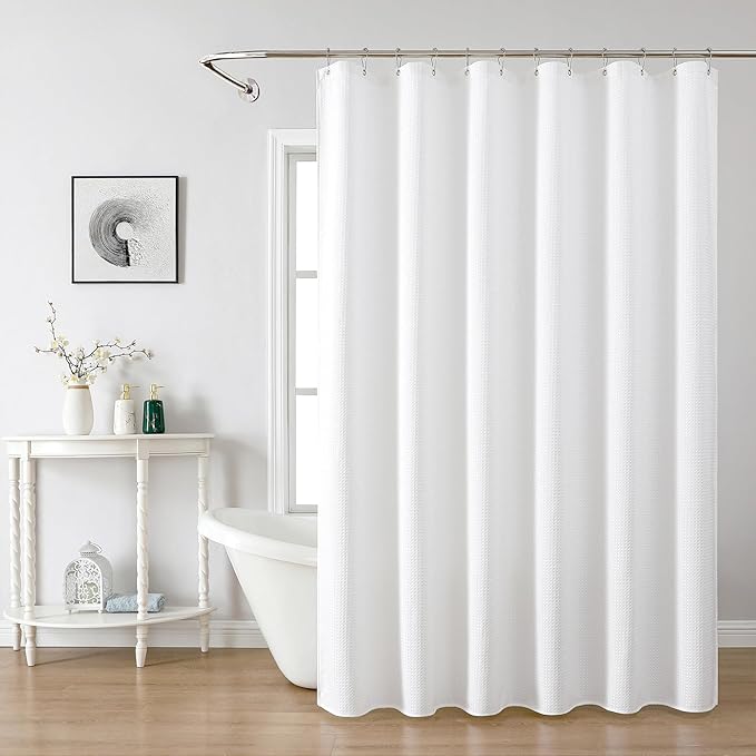 meioro White Shower Curtain, Waffle Weave 256GSM Heavy Duty Textured Fabric Shower Curtains for Bathroom Hotel Spa, Luxury Weighted Polyester Cloth Bath Curtain Set with 12 Hooks, 60Wx72H