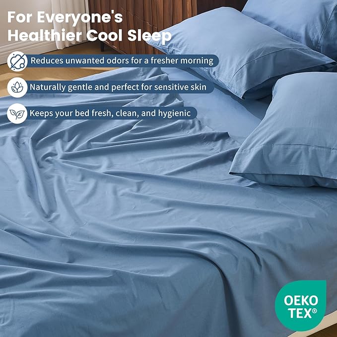 100% Linen Sheet Set Cal King Size Extra Deep Pocket Fits 18-24 Inch Mattress, Breathable & Soft, Smooth 6-Piece Set for Thick Mattresses Hotel Luxury Bedding（Cal King, Dusty Blue）
