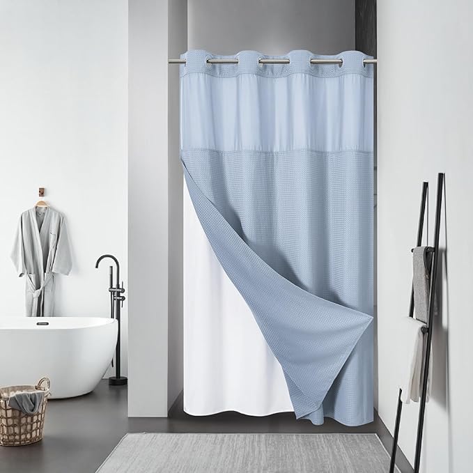 eachope ForstBlue No Hook Waffle Weave Shower Curtain with snap-in Liner Replacement, 230GSM Waterproof Fabric Hotel Shower Curtain Set for Bathroom, Through Mesh Top Window,54Wx80H
