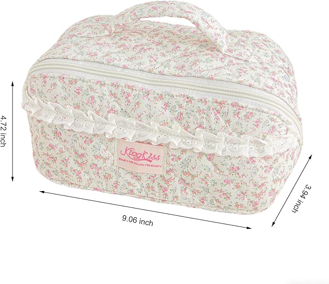 HiTotes Travel Makeup Bag Coquette Floral Cosmetic Bag Quilted Wide Open Lay Flat Toiletry Bag Cute Travel Makeup Pouch