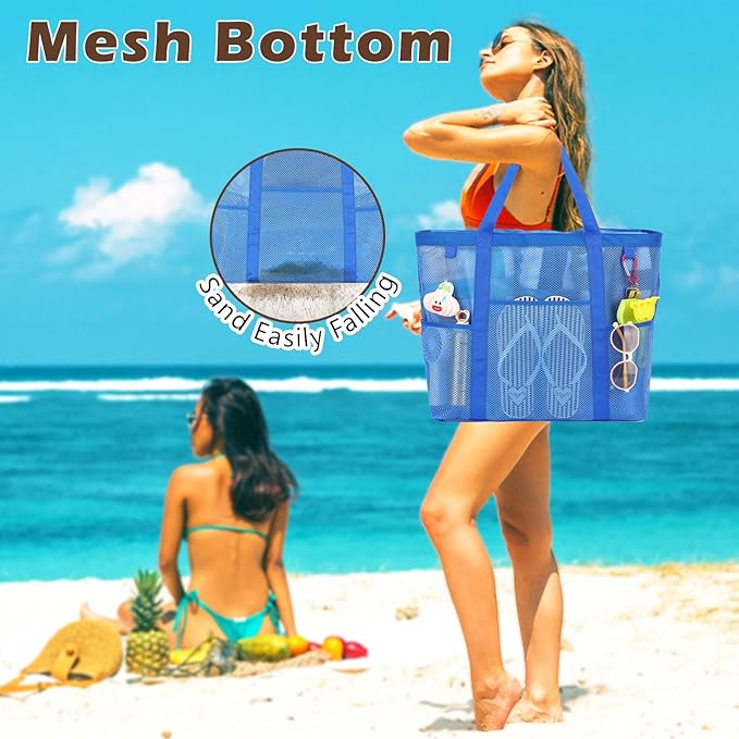 Fammart Mesh Beach Bag, Large Beach Tote Bags with Zipper, Toys Pool Bag for Family Travel Vacation Cruise Essentials
