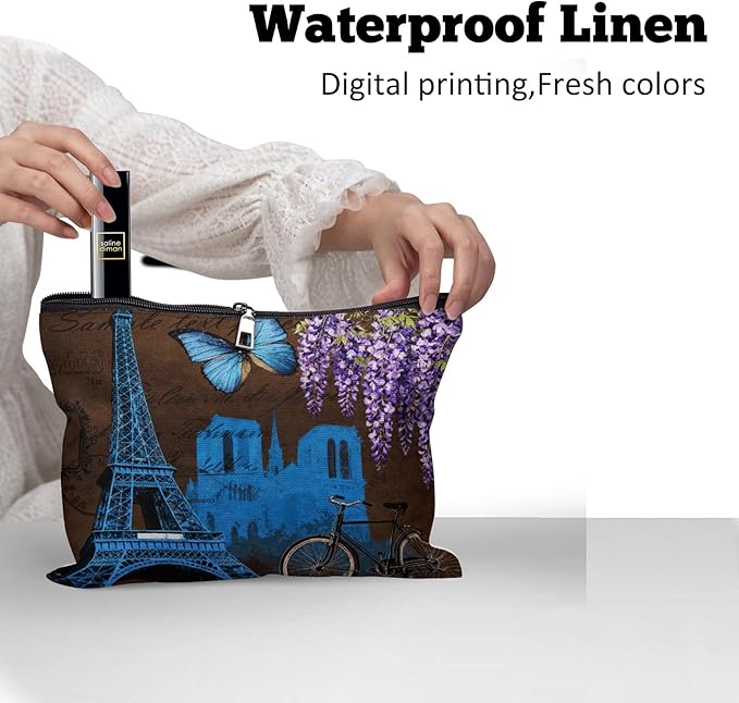 Cafl Eiffel Tower Vintage Wisteria Makeup Bag Travel Large Cosmetic Bag Organizer toiletry Essentials Jewelry Zipper Bag Gift For Women -10×8 inch