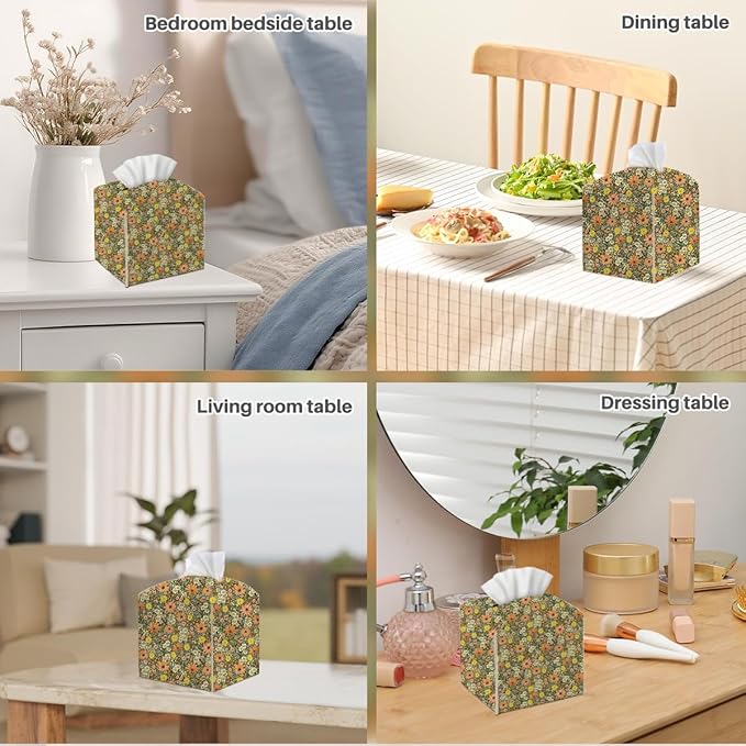 Tissue Box Cover, Tissue Box Holder, Square with Belt Bottom, PU Leather Decorative Organizer for Desk, Tabletop, Countertop Bathroom, Toilet Car, Office, Dresser Bedside, Aesthetic Wildflowers Decor