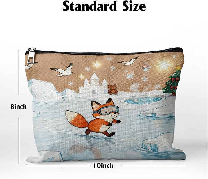 Cafl Fox Ice Skating Makeup Bag Travel Large Fox Cosmetic Bag Organizer toiletry Essentials Jewelry Zipper Bag Gift For Women -10×8 inch