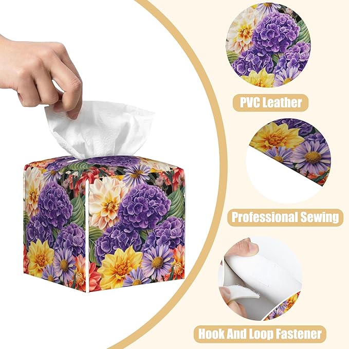 BLYKVGHQ Hydrangea and Dahlia Flower Tissue Box Cover Square, Daisy Tissue Box Holder with Bottom Belt Leather Facial Paper Organizer Dispenser for Bathroom Bedroom Dresser Night Stand Tabletop