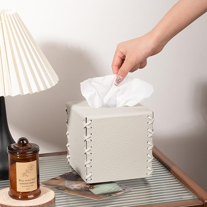 Tissue Box Cover PU Leather Tissue Holder Square Decorative Home Decor Cube Boxes for Bathroom, Kitchen, Nightstand, Office Desk Essentials, Griege