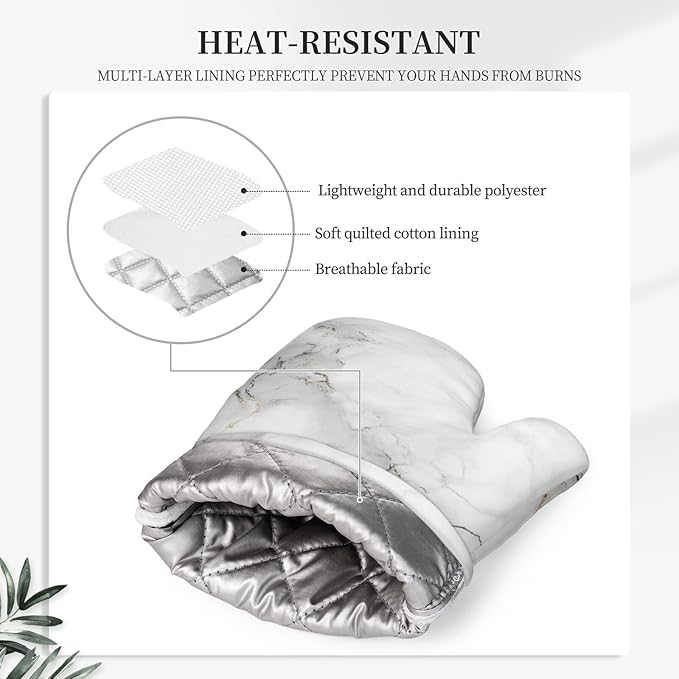 Oven Mitts Pot Holders Set White Marble Gray Silicone Kitchen Gloves Potholders Heat Resistant for Chef Baking Cooking Grilling BBQ 4 Pack Mitt