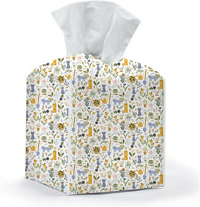 Tissue Box Cover, Tissue Box Holder, Square with Belt Bottom, PU Leather Decorative Organizer for Desk, Tabletop, Countertop Bathroom, Toilet Car, Office, Dresser Kitchen, Cat Boots Flower Decor