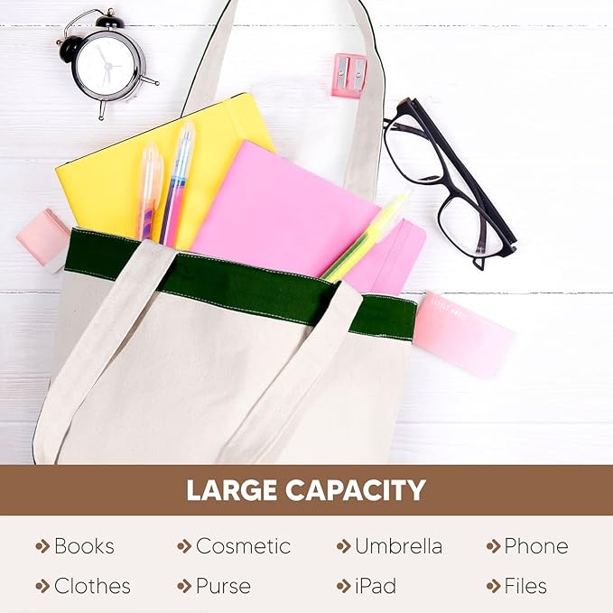 Canvas Tote Bags for Women - Large Aesthetic Eco-Friendly Reusable Grocery & Beach Tote, 16X14.5X4' Hunter Green/Black 2pk