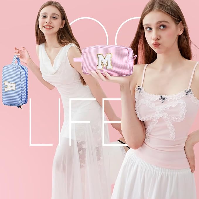 YOOLIFE Initial Cosmetic Bag for Women - Monogram Cute Makeup Bag Cosmetic Case Toiletry Pouch for Women Her Best Friend Sister Teacher, Personalized Birthday Gifts for Women, Pink P