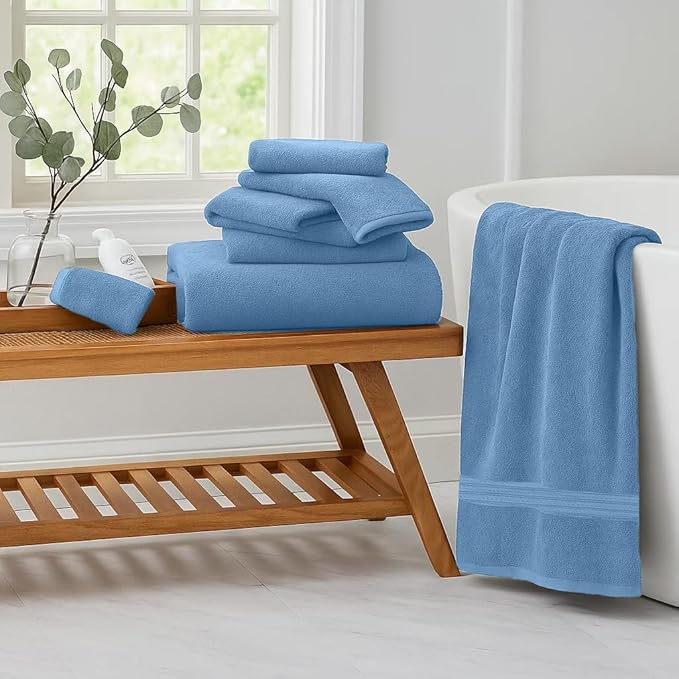 RIVERSIDE Pack of 8 Towels Set, 2 Large Bath, 2 Hand, 4 Face Washcloths, 100% Cotton Hotel Quality, Super Soft, Quick Dry, Highly Absorbent Perfect for Bathroom, Medium Blue