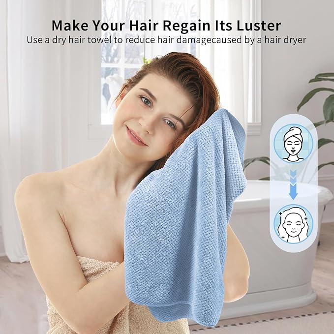 my novel things 2 Pack Extra Large Microfiber Hair Towel Wrap for Women, 37.4" x 26.4" Super Absorbent & Quick Dry with Elastic Strap for Curly Hair (Blue)
