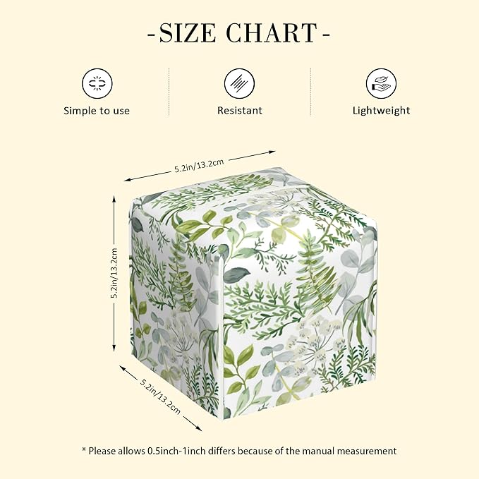 POIUBLE Green Leaves and Fern Tissue Box Cover Leather Tissue Box Holder Square Facial Paper Organizer Dispenser for Bathroom Kitchen Bedroom Vanity Countertop Night Stands
