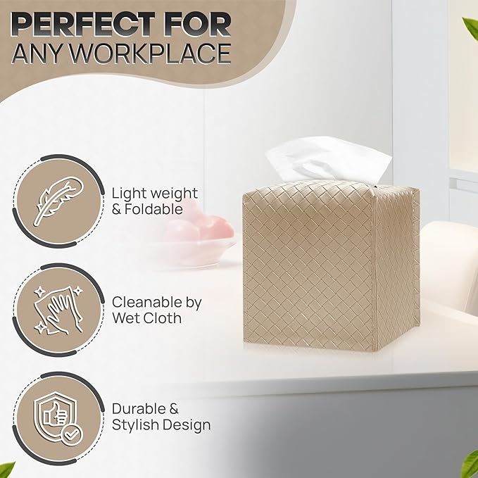 Tissue Box Cover Holder, PU Leather Tissue Box Cover with Braided Pattern, Square Tissue Holder with Bottom Belt, Modern Organizer for Bathroom, Car, Office,(Wood Grain Apricot, 12 Braided Patterns)