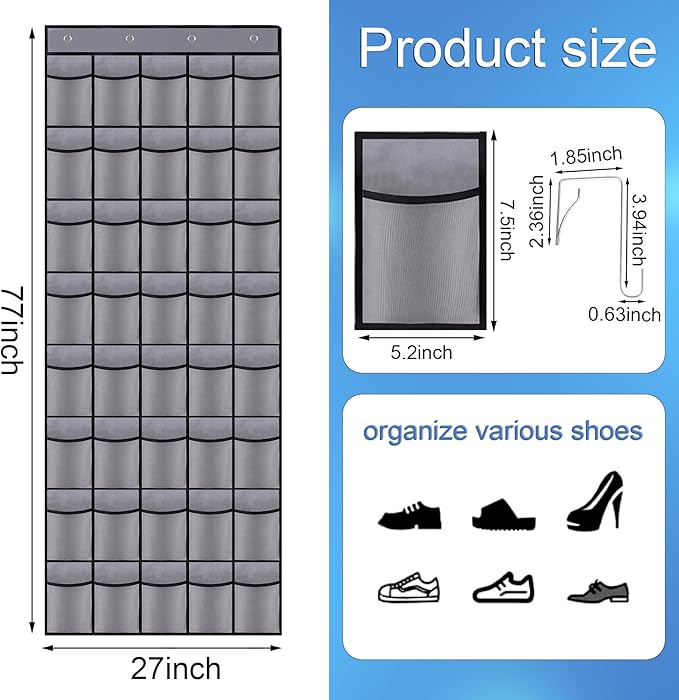 Teikou 40 Mesh Pocket Over the Door Shoe Organizer,Hanging Shoe Rack for Closet Storage Holder for Dorm Room College Classroom Storag(Grey)