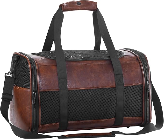 Monanller Fashion Leather Dog Carrier, Airline Approved Cat Carrier Soft Sided Pet Bag Carrier Purse for Puppy Kitten Small Animals Coffee