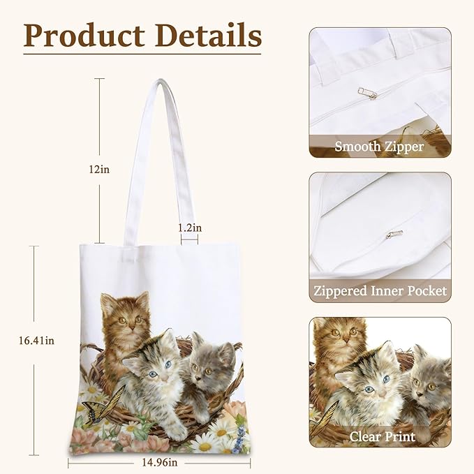 GICDSU Cats Cotton Canvas Tote Bag with Zipper, Reusable Grocery Bags, Beach Foldable Tote Bag for Women, Funny Totebag with Inner Pocket for Shopping Travel Gym Work