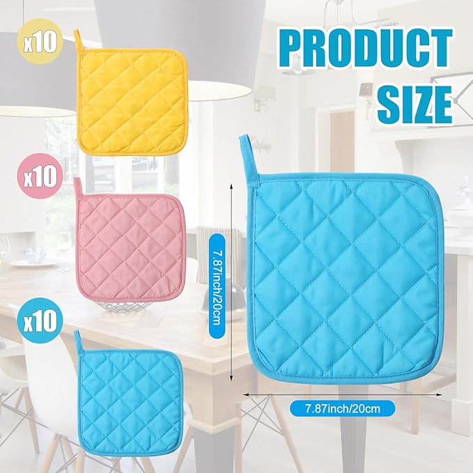 Uiifan 30 Pieces Cotton Pot Holders for Kitchen Washable Heat Resistant Potholders Oven Hot Pads for Cooking and Baking, 7.87 x 7.87 x 0.2 Inch (Light Color)