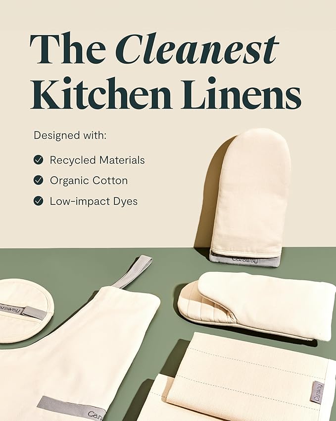 Caraway Linen Set - Apron, Pot Holders, Oven Mitts, & Tea Towels - 100% Organic Cotton - Durable, Machine Washable