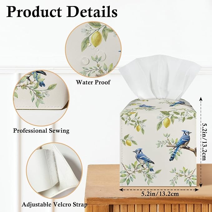 Blue Bird and Lemon Tissue Box Covers Square, Leather Tissue Box Holders Decorative for Car Nightstand Home Office Bathroom Organizer, Square Facial Paper Organizer Home Decor -013