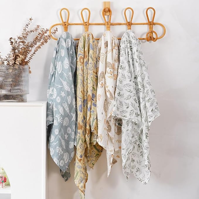 CoolaPeach 4 Set Muslin Swaddle Blankets for Newborn Baby Boys, Girls,Receiving Blankets-Cute Soft Print Baby Towel Wrap 120x110cm Baby (Animal)