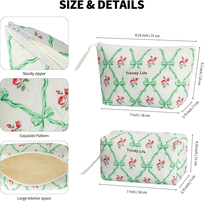 HAOGUAGUA 2 Pieces Makeup Bag, Small Large Quilted Cosmetic Bag, Travel Floral Make Up Toiletry Organizer Bag for Women Girls (2PCS STYLE A-2)