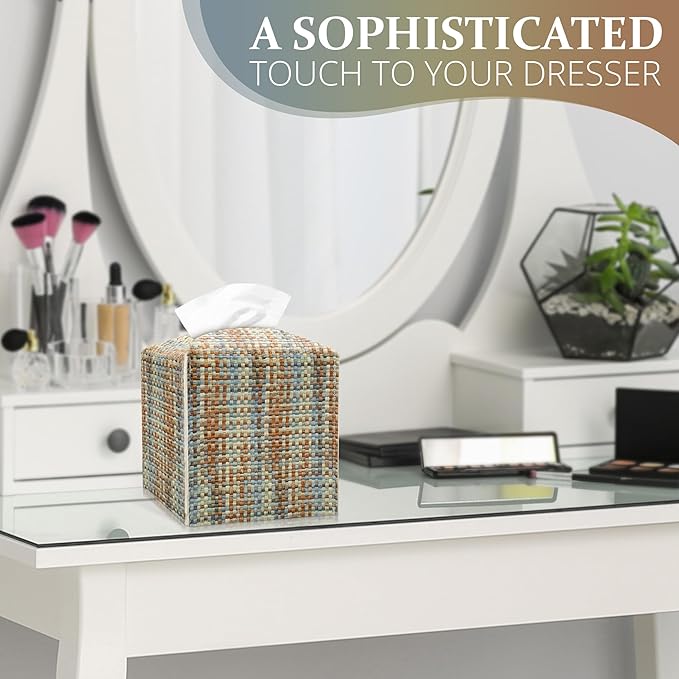 PU Leather Tissue Box Cover with Bottom Belt - Modern Square Tissue Box Holder with Wide Opening - Blue White Camel, Woven Patterns