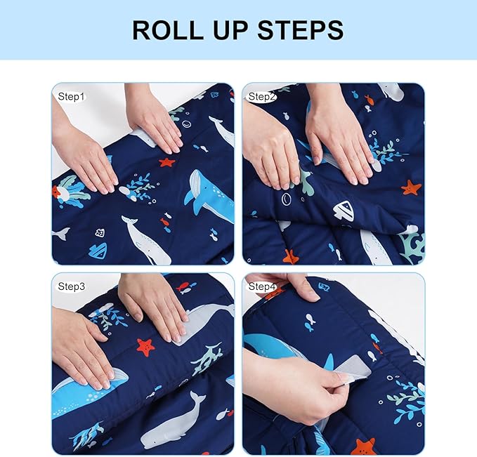 david's kids Toddler Nap Mat Set with Removable Pillow, Ultra Soft Slumber Bags for Boys，Perfect for Preschool, Daycare, Kids Sleeping Bags with Rollup Design, 50"x20", Ocean Animals Dark Blue