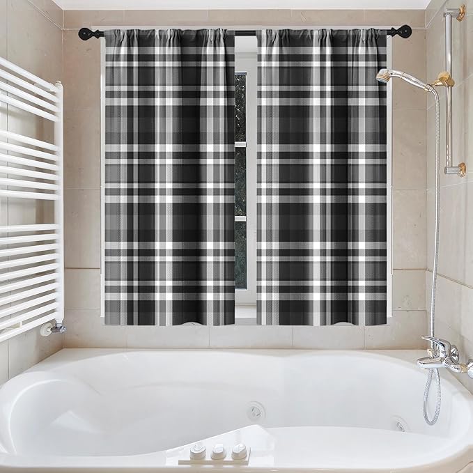Culudea Plaid Black White Grid Shower Curtain Set, Checkered Modern Geometric Bathroom Window Waffle Cloth Waterproof Shower Curtains for Bathroom Decor