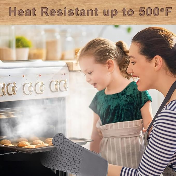 Oven Mitts and Pot Holders Set – 6 PCS Heat Resistant to 500°F, Extra Long Silicone Oven Gloves & Potholders with Non-Slip Grip, Quilted Cotton Lining, Washable, for Cooking, Baking, BBQ (Grey)