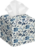 POIUBLE Leather Tissue Box Holder Blue Flowers Tissue Box Cover Square Waterproof Tissue Holder Organizer Modern Napkin Holder for Bedroom Dresser Night Stand Office Desk