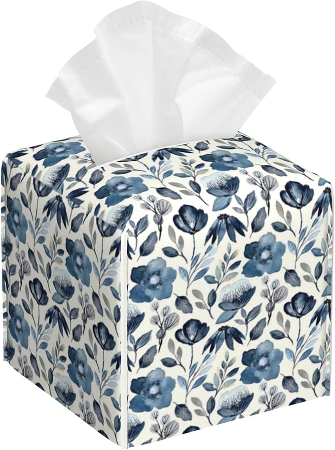 POIUBLE Leather Tissue Box Holder Blue Flowers Tissue Box Cover Square Waterproof Tissue Holder Organizer Modern Napkin Holder for Bedroom Dresser Night Stand Office Desk