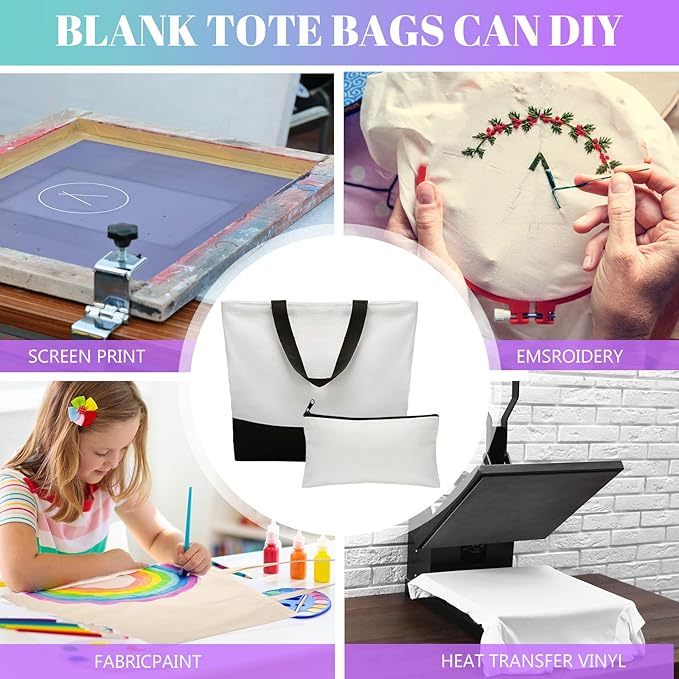 Reginary 16 Pieces Canvas Tote Bag Bulk Sublimation Blank Large Reusable Grocery Shopping Bags and Makeup Pouch Case with Zipper for Women DIY Gift Craft Cosmetic School Travel Supplies