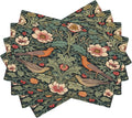 William Morris Placemats, Vintage Rustic Natural Green Plant Flower Strawberry Birdie Print Washable Fabric Placemats Table Kitchen Dining Party 12x18 Inch Set of 4