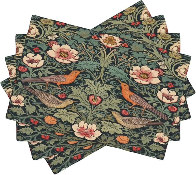 William Morris Placemats, Vintage Rustic Natural Green Plant Flower Strawberry Birdie Print Washable Fabric Placemats Table Kitchen Dining Party 12x18 Inch Set of 6