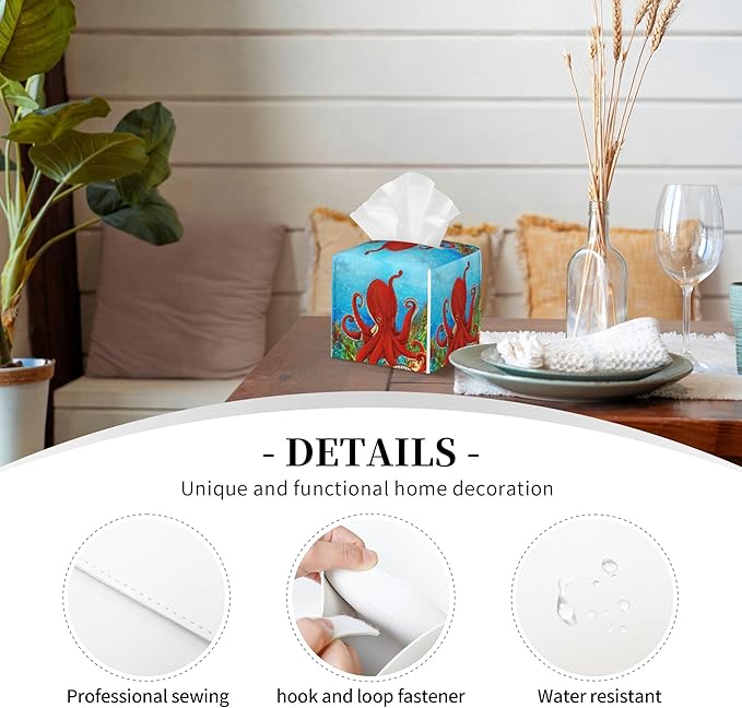 POIUBLE Tissue Box Holder Cartoon Octopus Tissue Box Cover Square Leather Tissue Holder Organizer Portable Decorative Facial Paper Case for Home Office Bathroom Vanity Countertop