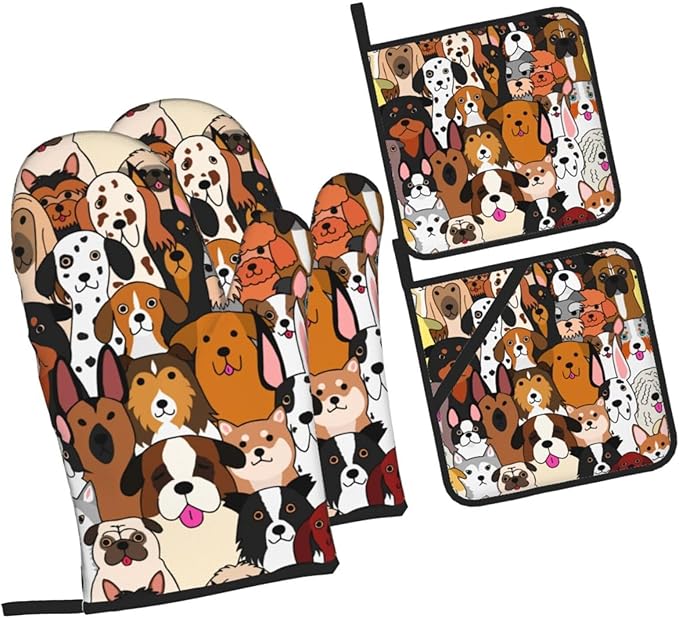 Cute Dogs Oven Mitts and Pot Holders 4 Pcs Set Oven Gloves and Potholders for Cooking Microwave BBQ Baking Grilling