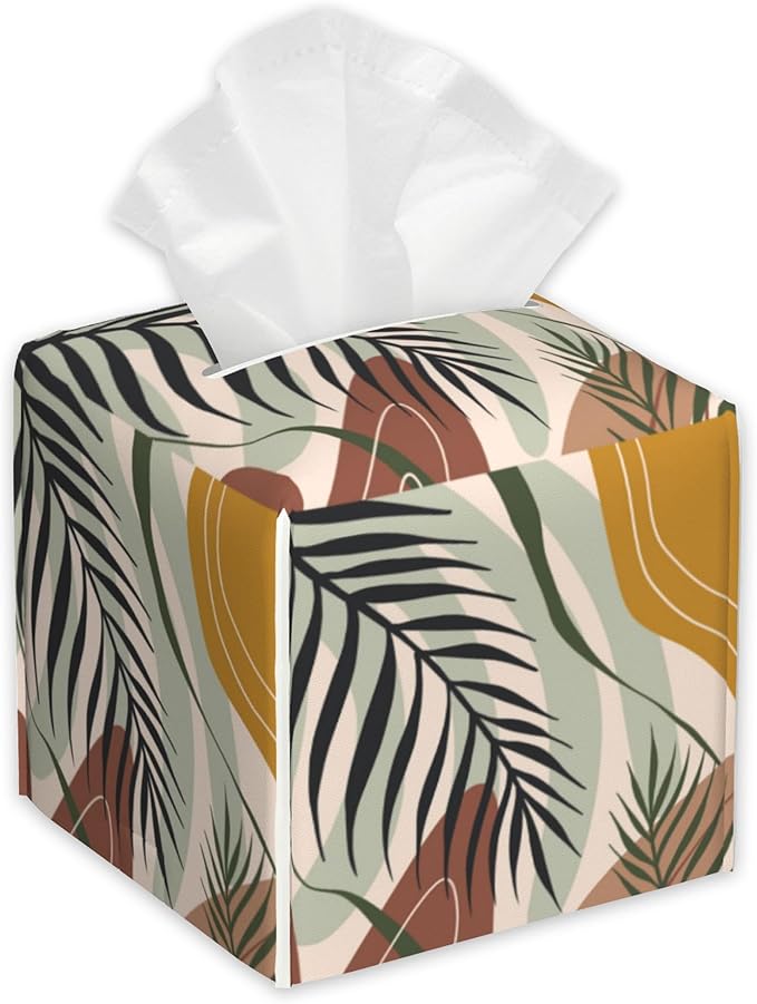 Boho Geometric Art Tissue Box Holder,Cube Tissue Box Cover Holder,Leather Facial Paper Organizer Dispenser Home for Bedroom Night Stands,Kitchen,Office and Car,5.2"×5.2"×5.2"