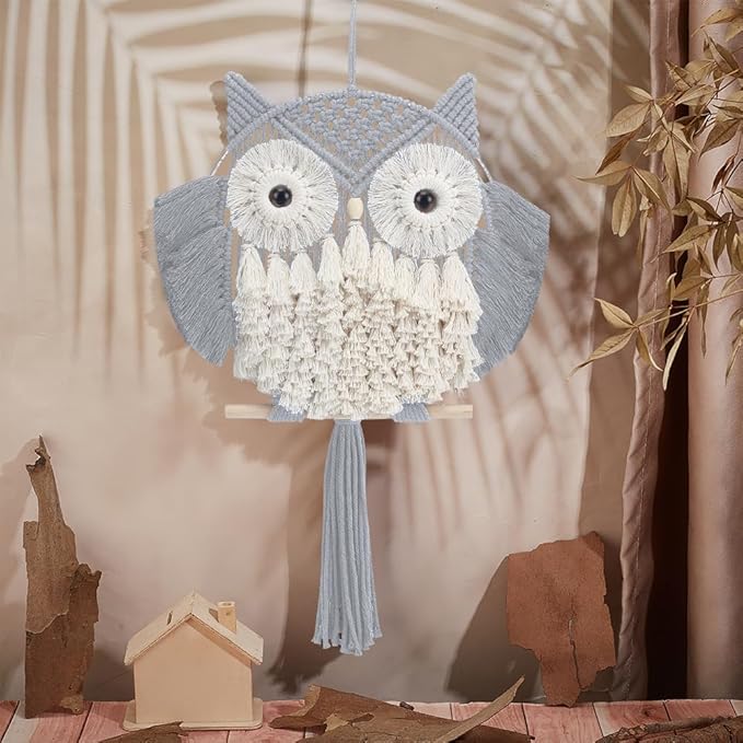 FREEBLOSS Macrame Owl Kit for Beginners Macrame Owl Wall Hanging Light Grey DIY Macrame Kit with Video Tutorial Macrame Hanging Decor for Adults Gift