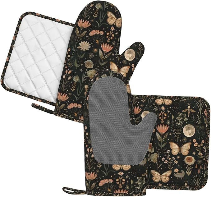 Oven Mitts Pot Holders Set Vintage Butterfly Moon Flower Silicone Kitchen Gloves Potholders Heat Resistant for Chef Baking Cooking Grilling BBQ 4 Pack Mitt